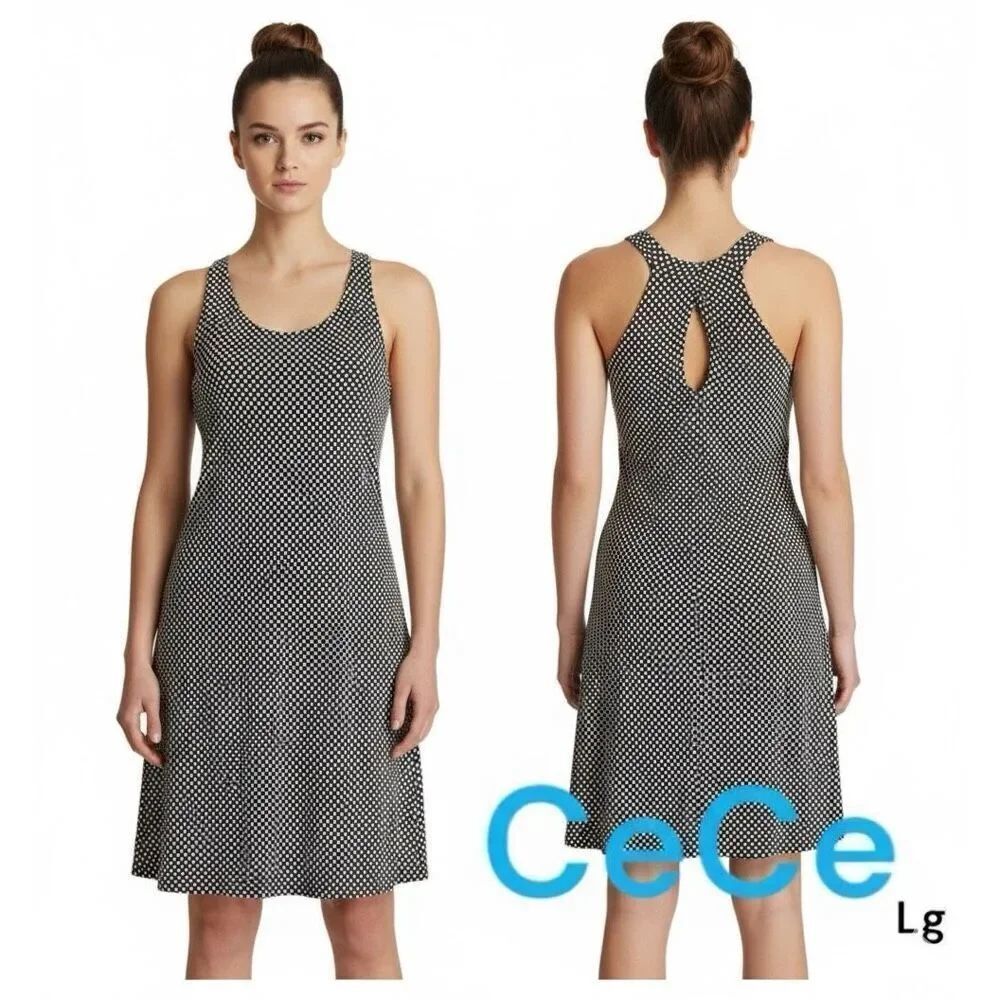 CeCe Women's Large Polka Dot Sleeveless Keyhole Back Shift Dress Black White